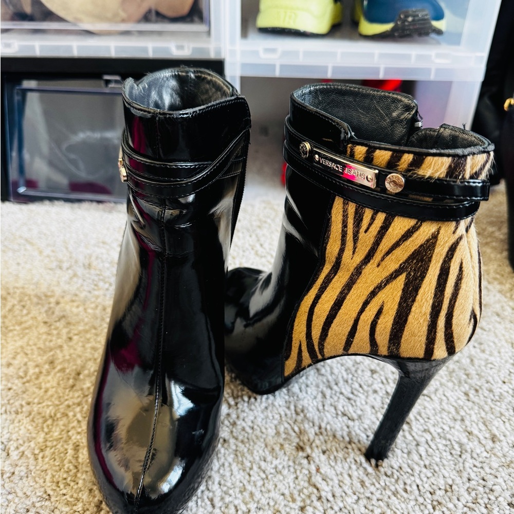 Versace Black and Gold Zebra Heeled Boots